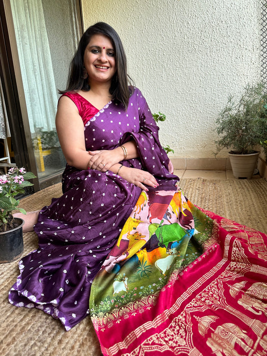 Purple Modal silkBandhani  handcrafted with Pichwai Print Sari in Nakshi Elephant  Border