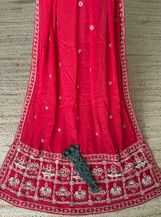 Cherry Red Elephant motif dupatta chinon silk embroidered dupatta