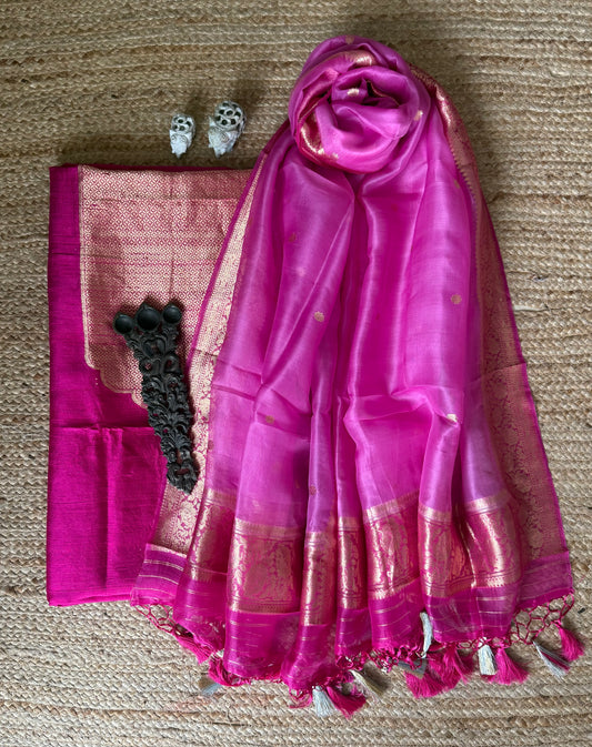 HOT PINK RAW SILK CERTIFIED HANDLOOM BANARSI SUIT WITH WOVEN ZARI THREE PIECE SUIT