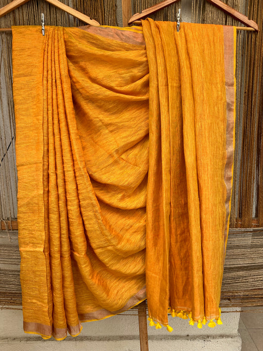 011 MUSTARD YELLOW METALLIC LINEN SARI WITH WOVEN  BORDER