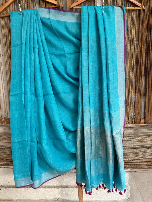 SEA BLUE  COTTON SARI WITH WOVEN BORDER & RED TASELS AND PALLA