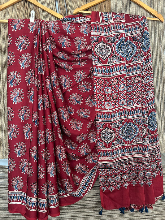 RED MAROON PEACOCK AJRAKH MODAL SILK SARI WITH BORDER