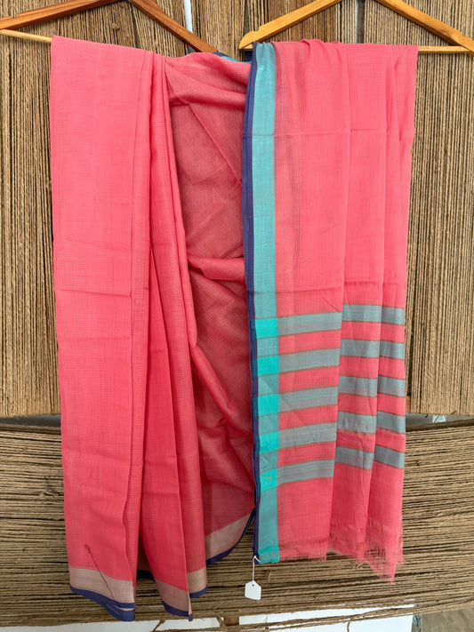 PEACH PINK KOTA DORIA  HANDLOOM HANDBLOCK SARI