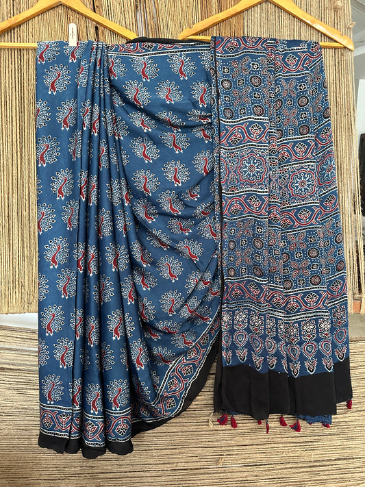 BLUE PEACOCK AJRAKH MODAL SILK SARI WITH BORDER