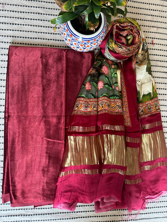 MAROON  MASHRU  SILK KURTA WITH PATOLA PRINT MODAL SILK DUPATTAS