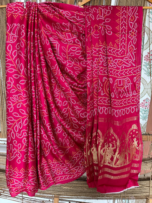 PINK BANDHANI  MODAL SILK PATOLA PRINT SARI WITH NAKSHI ZARI BORDER