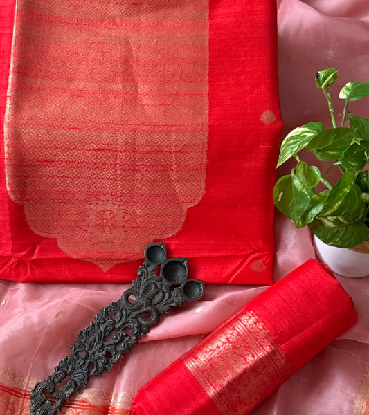 Vermilion red raw silk certified handloom banarsi kadwa butti with woven zari three piece suit