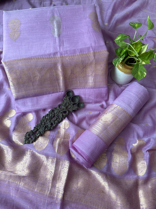 Lilac Lavender Mull cotton certified handloom banarsi kadwa booti three piece suit