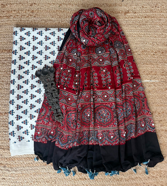 White Mashru Silk Kurta With Maroon Ajrakh Handcrafted Mirror Work Modal Silk Dupatta