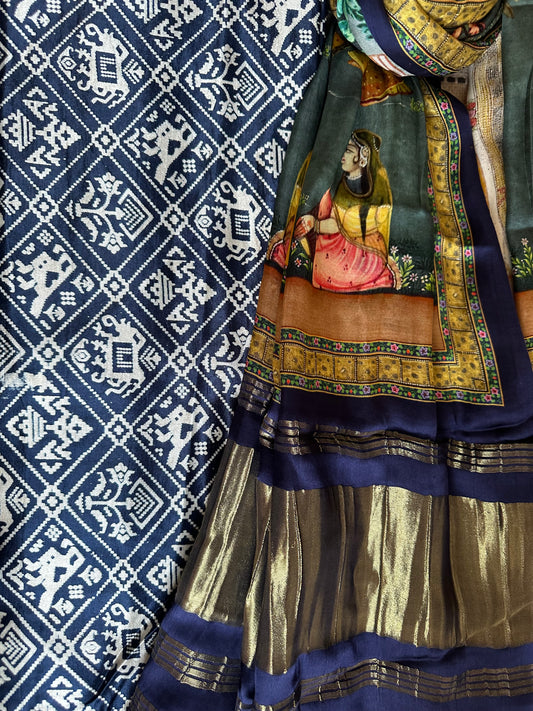 BLUE MASHRU  SILK KURTA WITH PATOLA PRINT MODAL SILK DUPATTAS