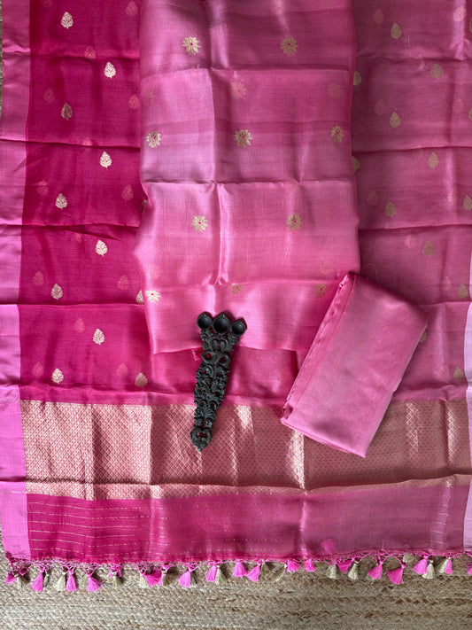 Bubblegum Pink Ombré Shade kora silk certified handloom banarsi kadwa booti meenakari three piece suit