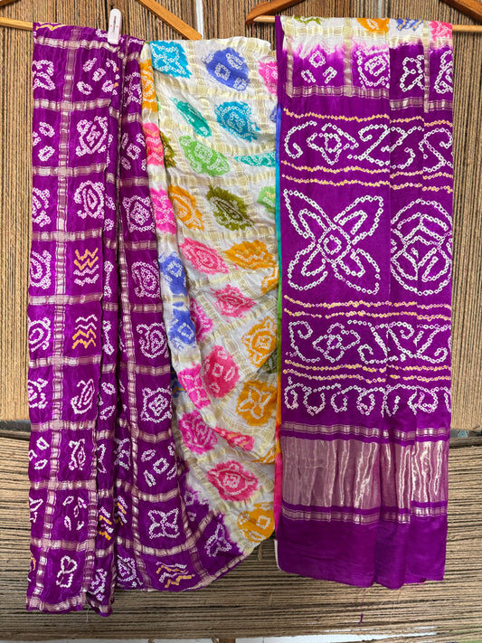 PURPLE & MULTI COLOUR GAJJI SILK GHARCHOLA RAI BANDHANI GAJJI SARI  BS- 209