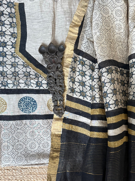 BEIGE AJRAKH BUTTA LINEN SILK HANDBLOCK SUIT SET