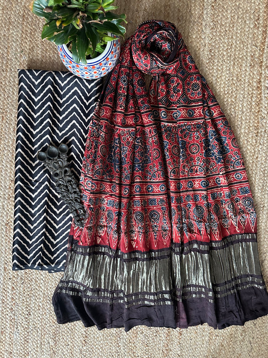 BLACK MASHRU SILK KURTA WITH AJRAKH HANDCRAFTED MODAL SILK DUPATTA MAK -5