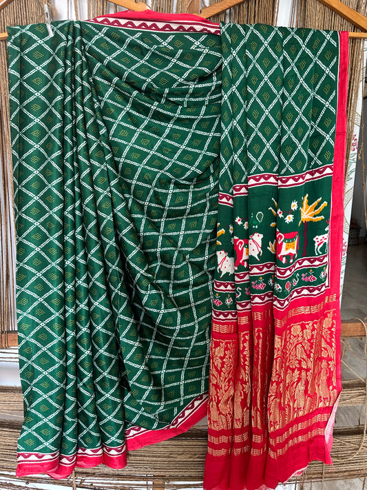 GREEN PICHWAI  MODAL SILK PATOLA PRINT SARI WITH ZARI BORDER