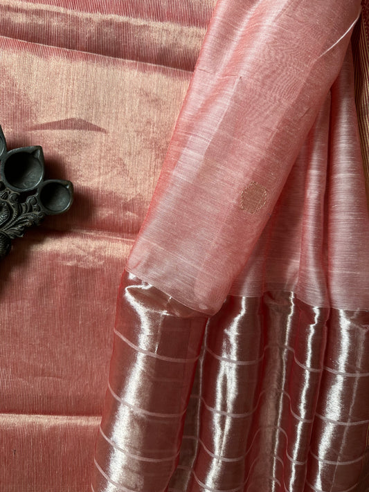 GOLDEN  POWDER PINK TISSUE  MAHESHARI SILK HANDLOOM KURTA SET