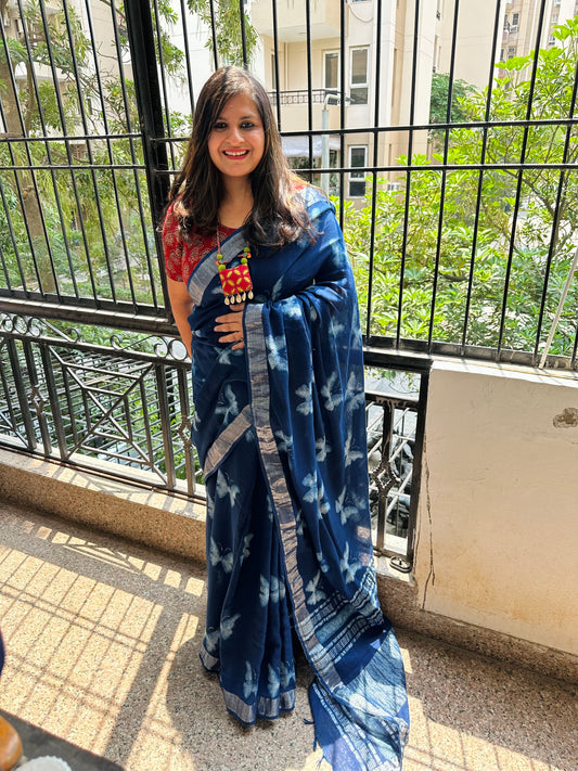INDIGO AKOLA LINEN ZARI WOVEN HANDBLOCK SARI