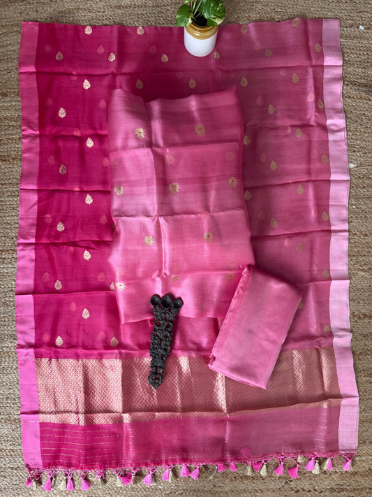 Bubblegum Pink Ombré Shade kora silk certified handloom banarsi kadwa booti meenakari three piece suit