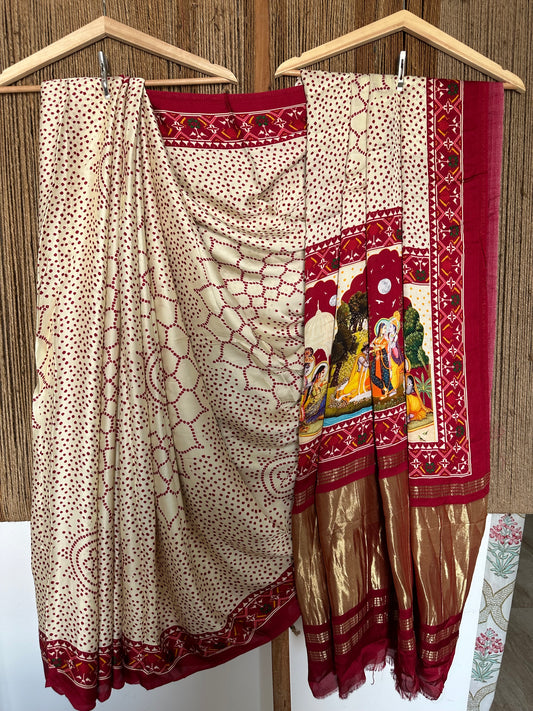 BEIGE MAROON  MODAL SILK PICHWAI SARI WITH ZARI BORDER