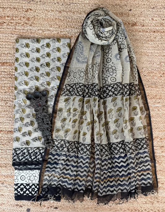 Natural Beige turquoise kota handblock suit set
