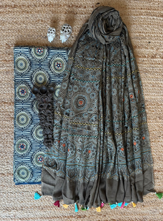 BLUE & GREEN AJRAKH HANDCRAFTED HAND EMBROIDERY COTTON KURTA WITH AJRAKH COTTON DUPATTA