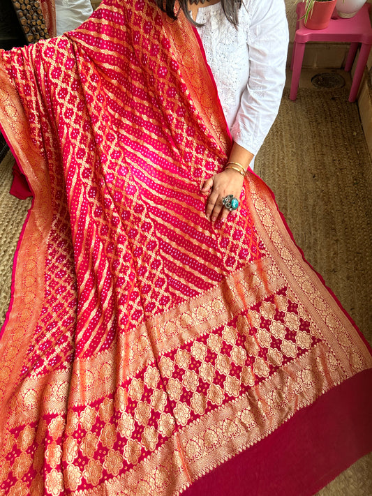 Rani PINK Handwoven NeemZari Bareek Bandhani in Khaddi Georgette dupatta