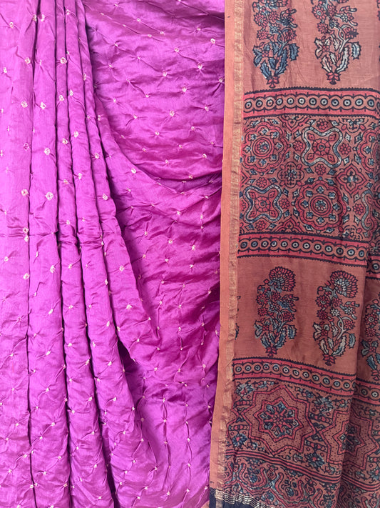 PURPLE CHANDERI SILK BANDHANI HANDCRAFTED AJRAKH SARI