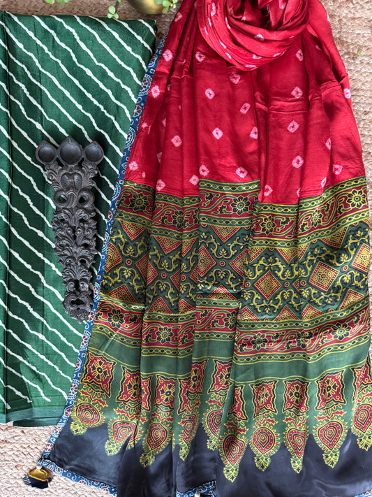 GREEN MASHRU SILK KURTA WITH AJRAKH PATCHWORK  HANDCRAFTED MIRROR WORK MODAL SILK DUPATTA PWK-5
