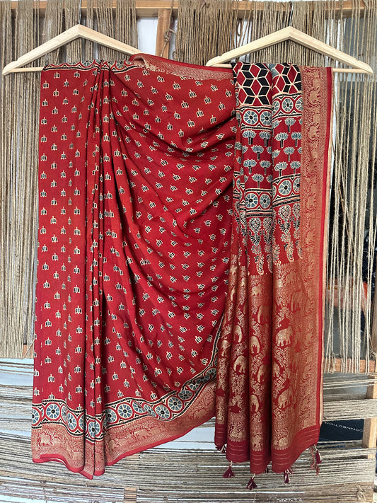 RED DOLA  SILK AJRAKH ZARI BORDER SARI