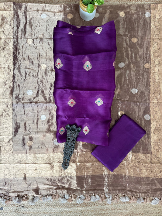 Plum Purple kora silk certified handloom banarsi kadwa booti meenakari three piece suit