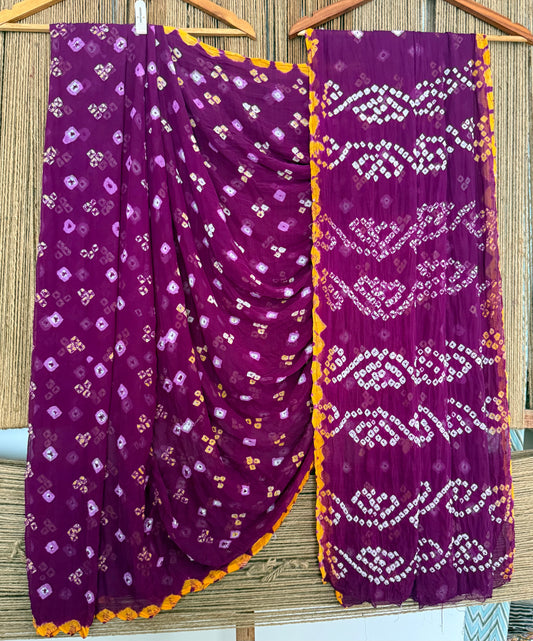 Mulberry Purple Bandhani handcrafted  chiffon sari