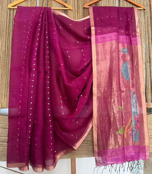 Orchid Purple Jamdani sequence work handwoven pure muslin silk sari With Matka Silk Blouse Piece