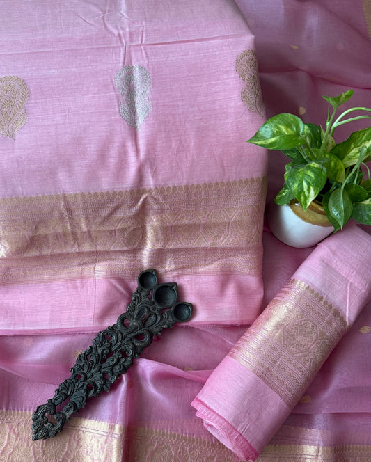 Rose petal pink mull cotton certified handloom banarsi kadwa booti three piece suit