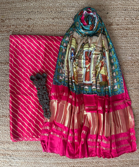 Pink three dot mashru silk kurta with  patola pichwai handcrafted modalsilk dupatta ps-272