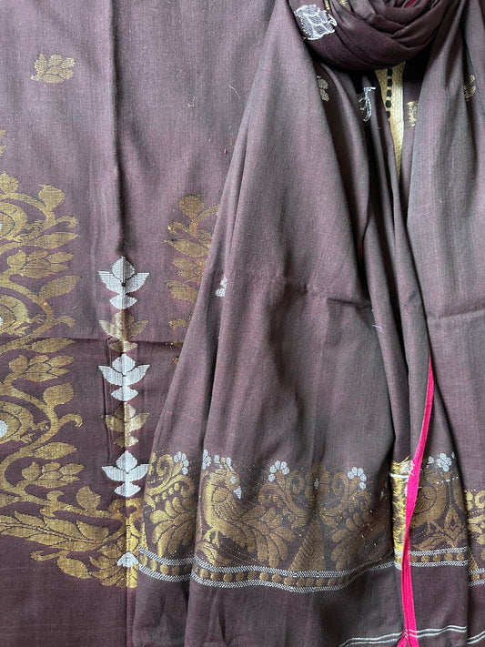 COFFEE BROWN WOVEN MULL KURTA SET