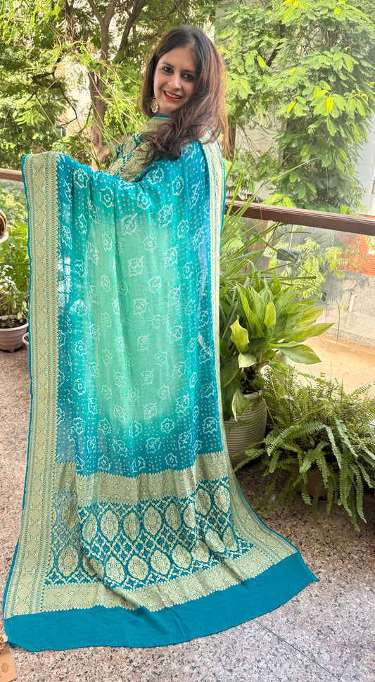 Bondi Blue & Aquamarine handwoven neemzari bareek bandhani in khaddi georgette dupatta