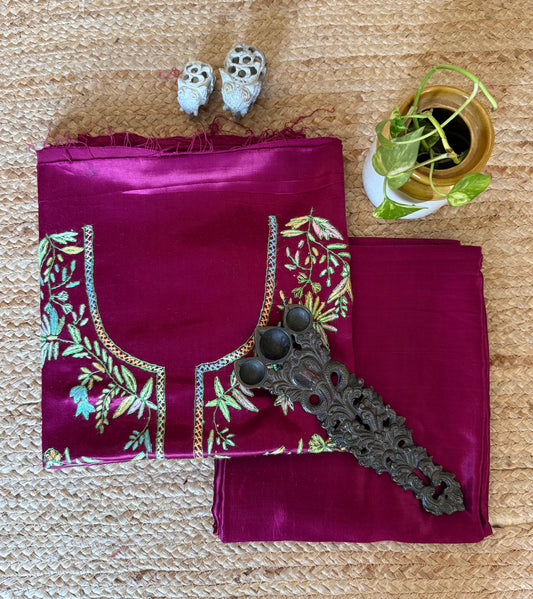 MAGENTA PURPLE MASHRU SILK HAND EMBROIDERY KASHMIRI HANDEMBROIDERY SOZNI WORK CORD SET Cs- 30