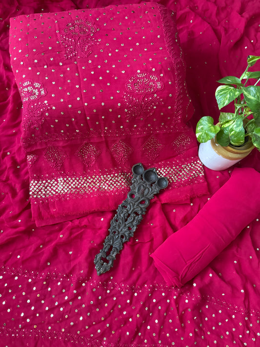Rasberry Pink premium mukesh work Georgette lucknowi chickenkari hand embroidery three piece suit