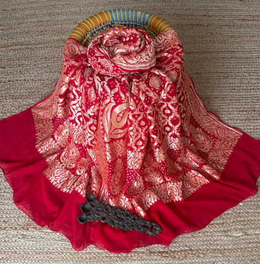 Cherry Red  handwoven neemzari bareek bandhani in khaddi georgette dupatta  bd-1081