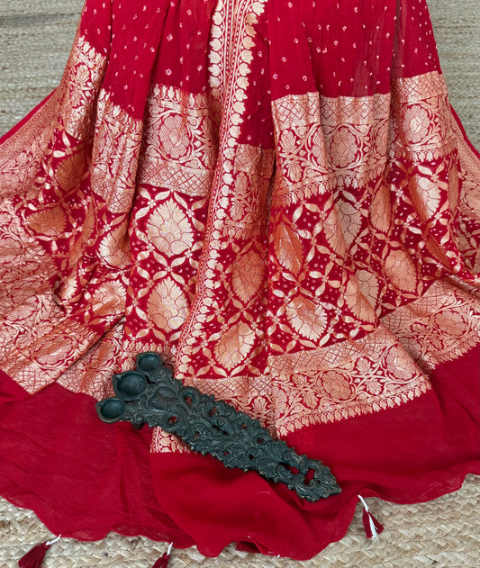 Cherry Red & Pink ombie handwoven neemzari bareek bandhani in khaddi premium georgette dupatta bd-205