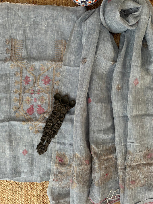 BLUE GREY JAMDANI WOVEN LINEN  KURTA SET LJS- 1030