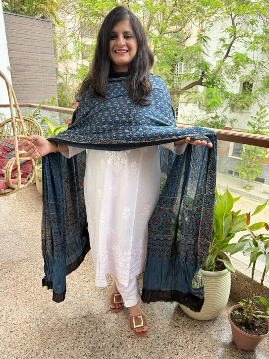 BLUE AJRAKH SILK ZARI WOVEN DUPATTA