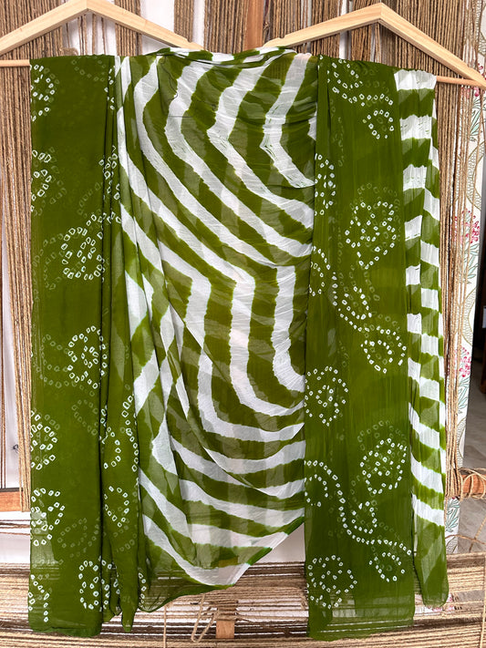 MEHENDI  GREEN BANDHANI LEHERIYA HANDCRAFTED CHIFFON SARI