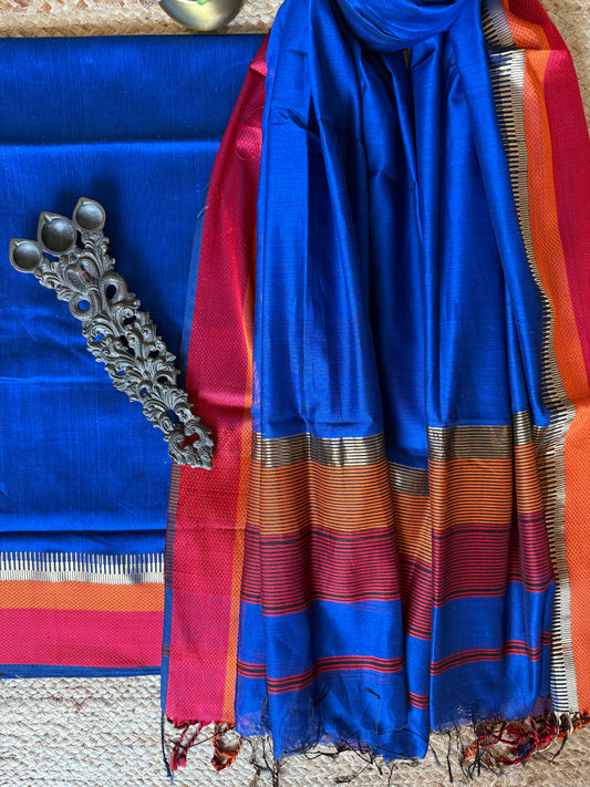 COBALT BLUE MAHESHARI BORDER SILK HANDLOOM KURTA SET