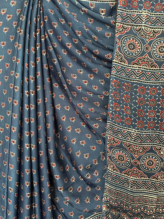INDIGO  LOTUS  AJRAKH MODAL SILK SARI WITH BORDER