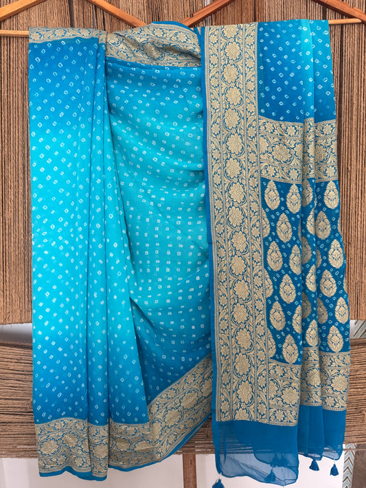 Ocean & Baby Blue Ombré Shade handwoven neem zari bareek bandhani with khaddi georgette Sari