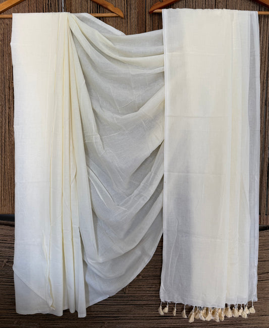 CREAM WHITE  MULLCOTTON HANDLOOM SARI