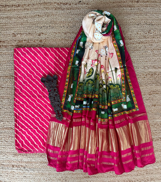 Pink mashru  silk kurta with patola handcrafted modal silk dupatta ps- 1072