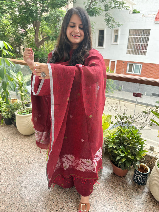 BURGUNDY MAROON WOVEN LINEN  KURTA SET LJS-1039