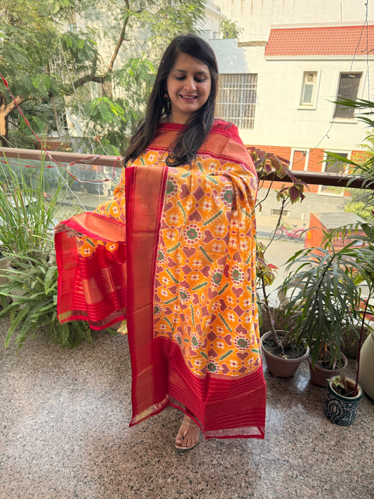 YELLOW- HANDSPUN HANDWOVEN POCHAMPALLY IKAT SILK DUPATTA WITH ZARI BORDER